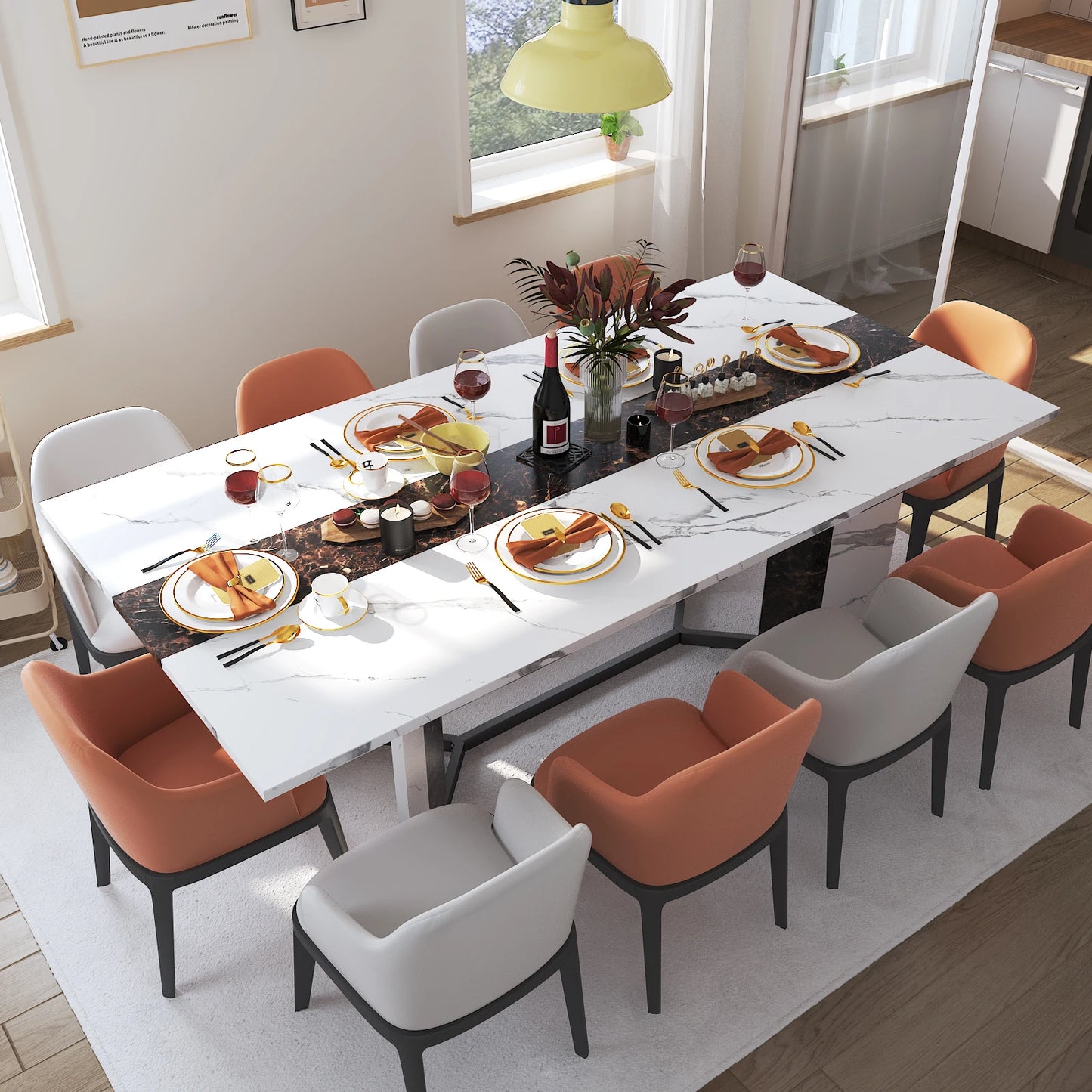 QiaoShiRen Modern Rectangular Dining Table Wooden Top Metal Legs