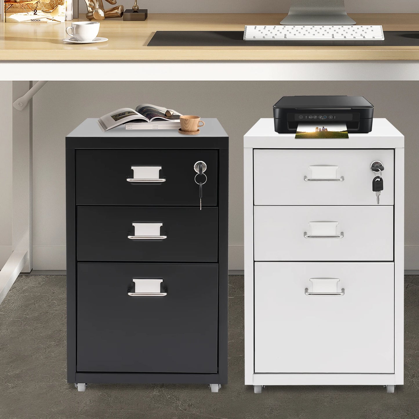 Bymaocar 3-Tier Vertical Cold-Rolled Steel Mobile File Cabinet With Lock
