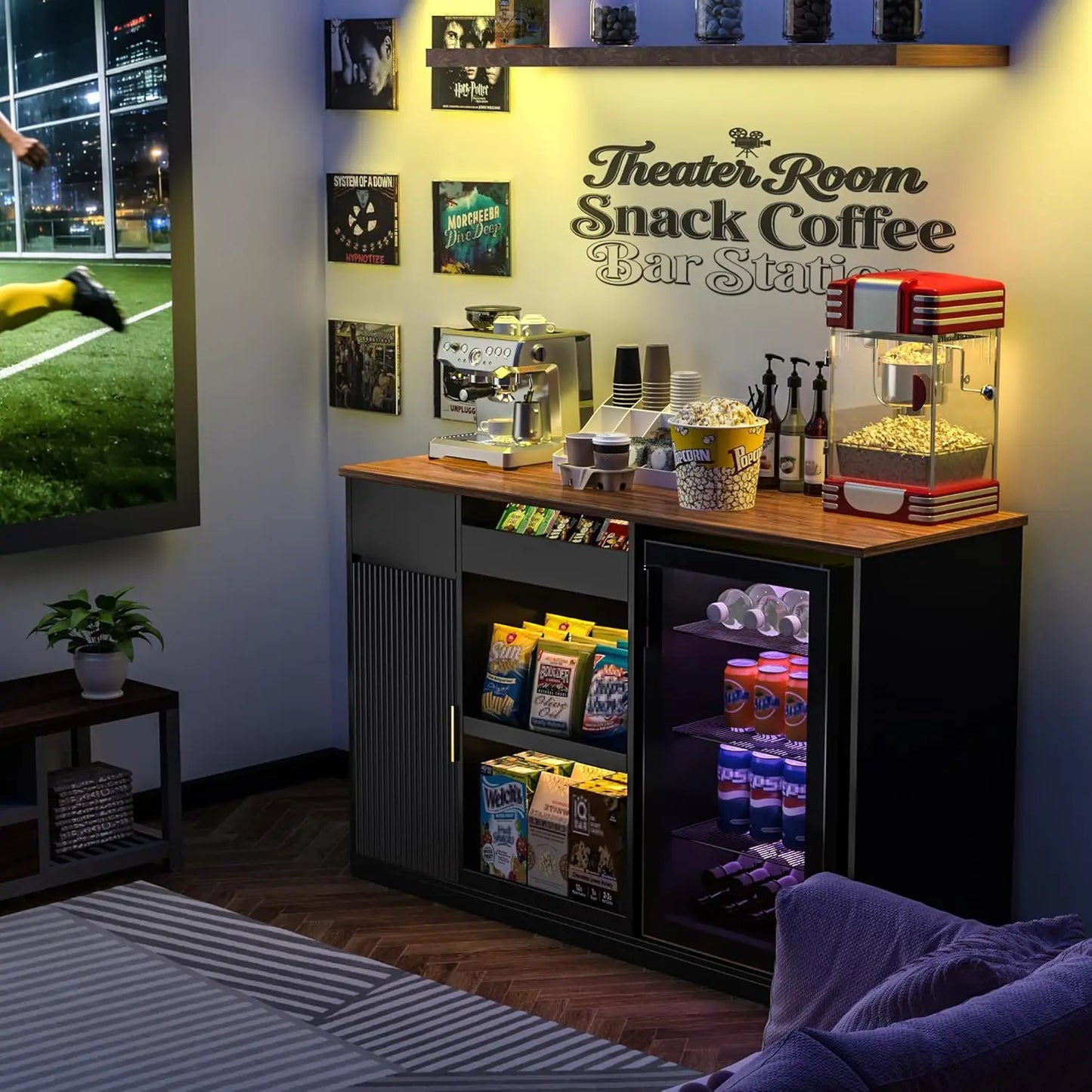 Snack Bar Cabinet With Fridge Space Coffee Station And Shelf