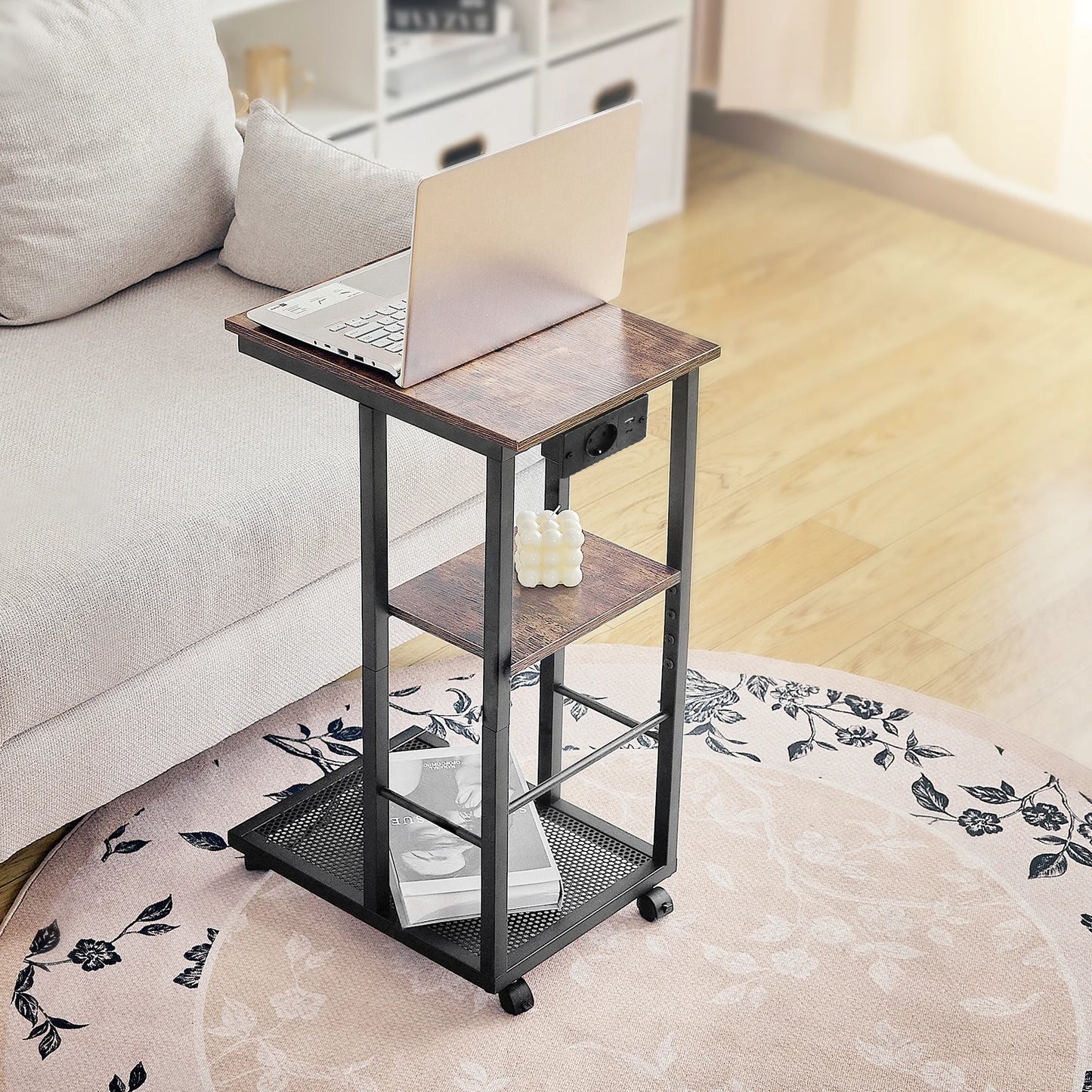 Redlife C Shaped End Table With Charging Station And Storage