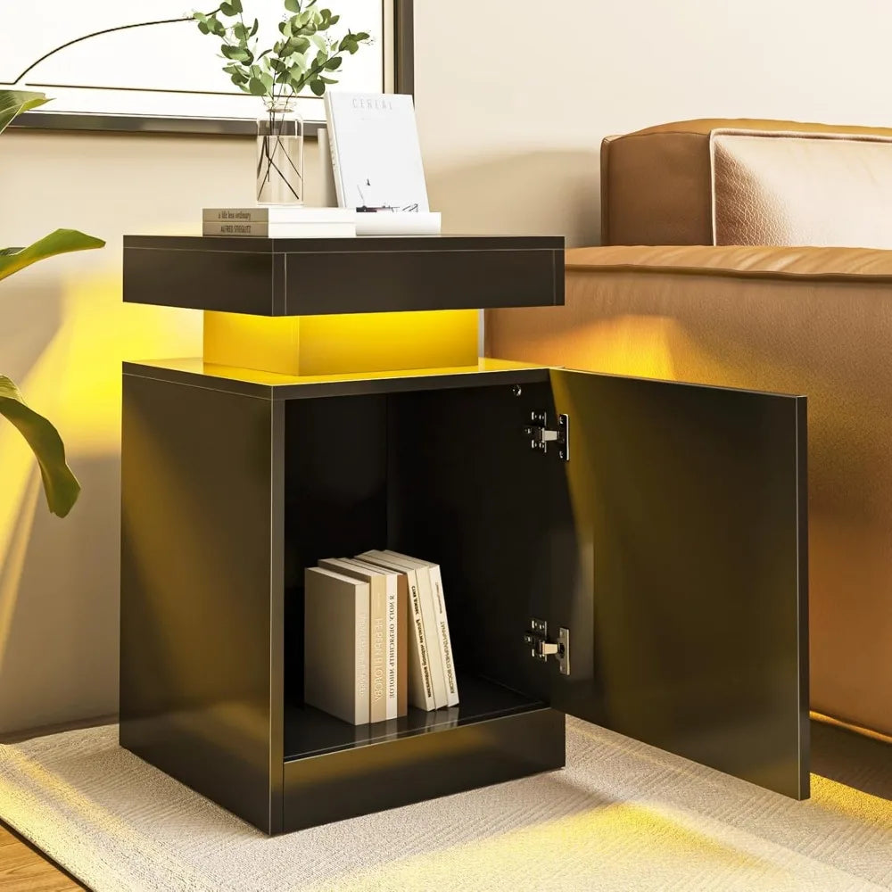 Bedside Table Set Of 2 With LED Storage Cabinet