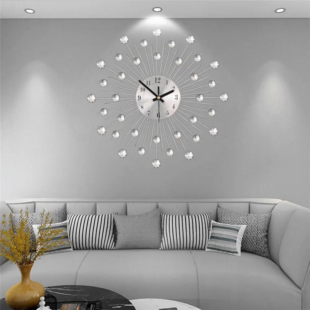 Bymaocar Silent Metal Wall Clock With Glass Crystal Decor
