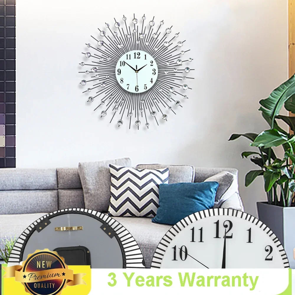 3D Sunburst Metal Wall Clock Modern Diamond Battery Operated