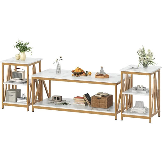 Industrial Style Triangular Coffee Table Set With 2 Side Tables