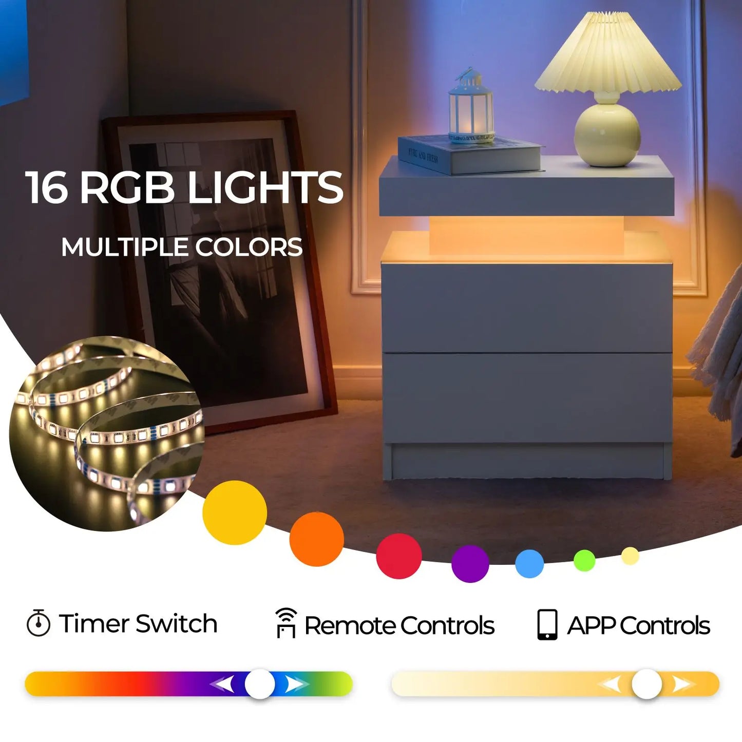 Cubehom LED Nightstand Set 2 Drawers Bedside Table
