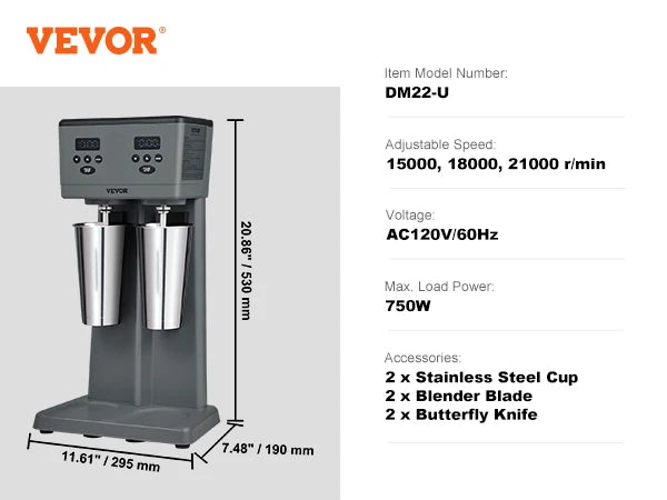 VEVOR Dual Head Milk Shake Maker 375W Commercial Blender