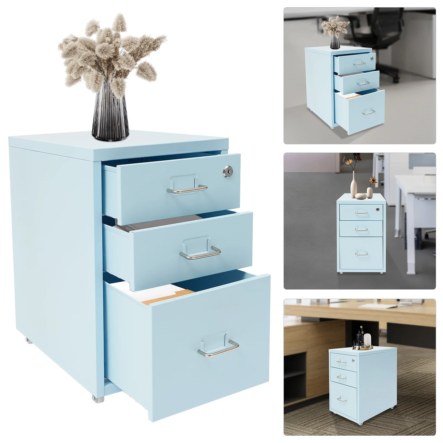 Bymaocar 3-Tier Vertical Cold-Rolled Steel Mobile File Cabinet With Lock