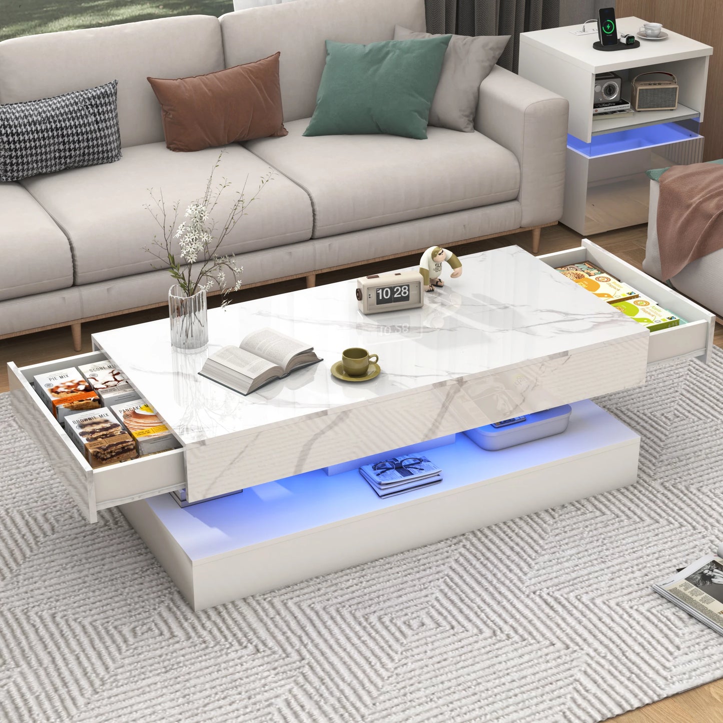 QiaoShiRen Modern Coffee Table With LED Lights And Storage Drawers