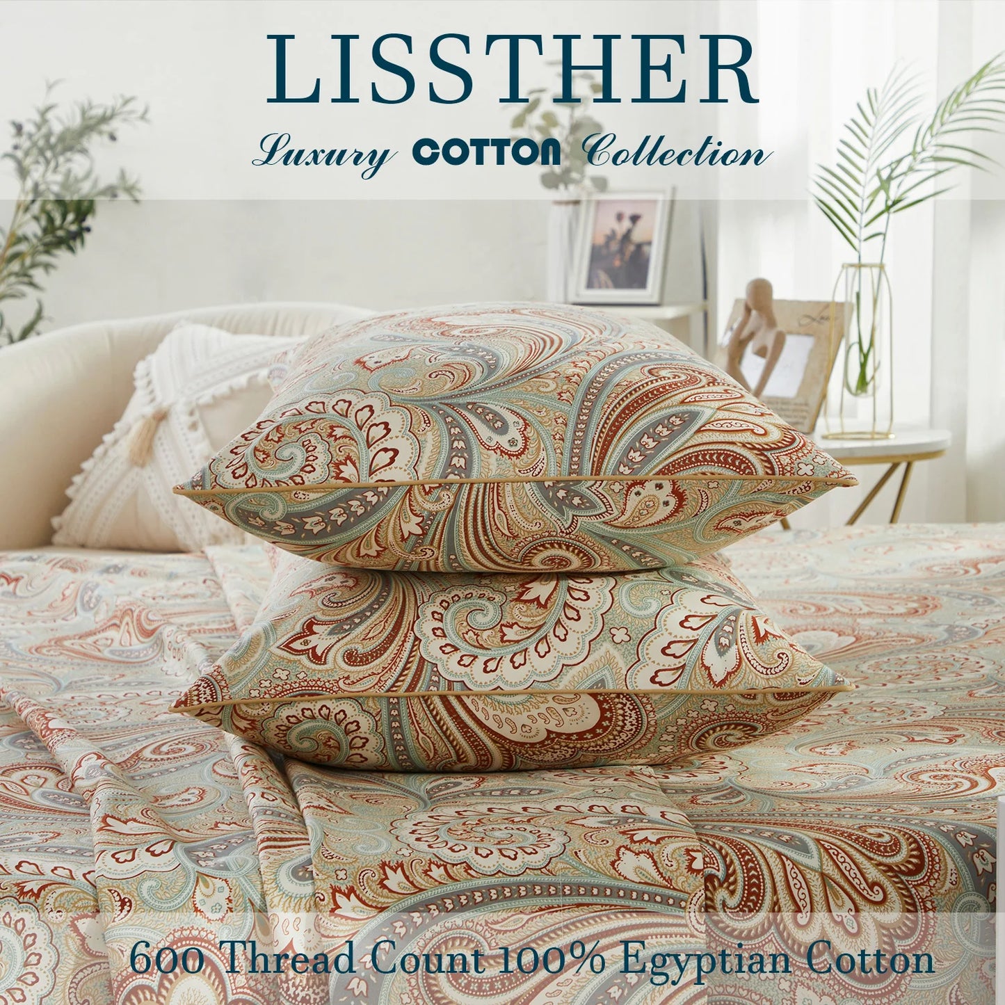 LISSTHERCN 3 Piece 600TC Egyptian Cotton Duvet Cover Set Boho Paisley
