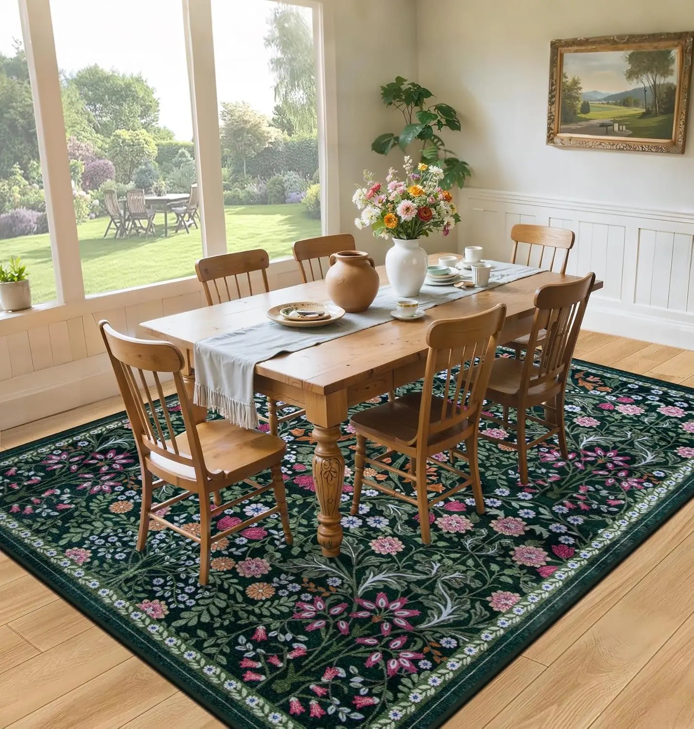Floral Washable Rug Non Slip Carpet Polyester For Living Room