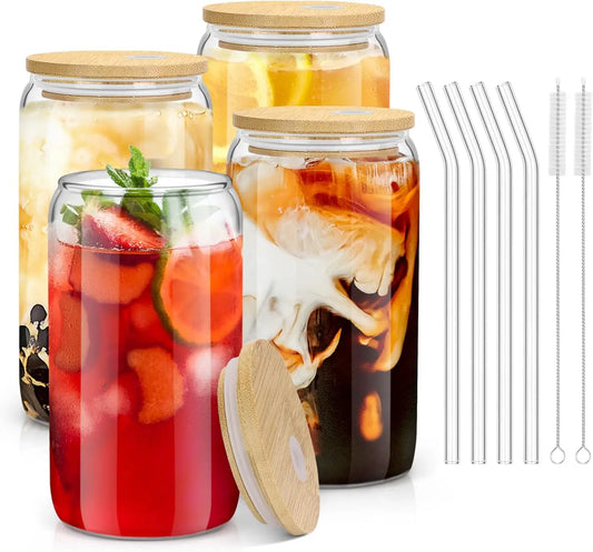 NONEDrinkware 4Pcs Glass Drinking Set With Bamboo Lids And Straws