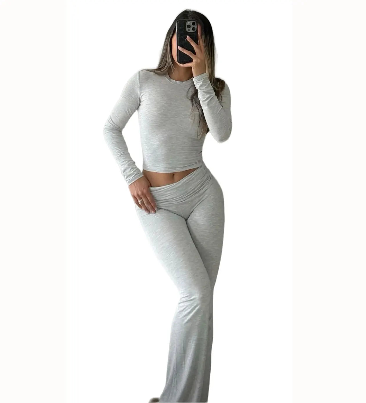 Womens Yoga Two-Piece Long-Sleeve Wide-Leg Activewear Set For Home
