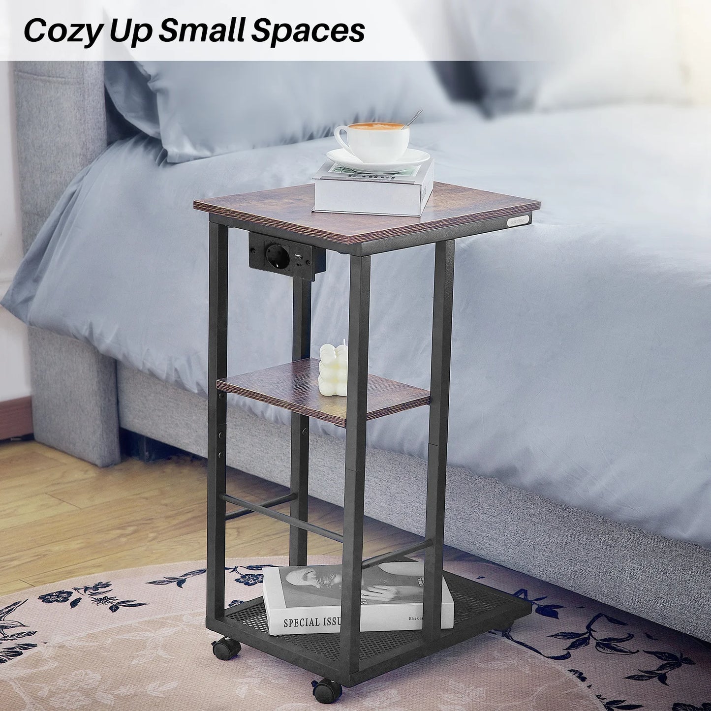 Redlife C Shaped End Table With Charging Station And Storage
