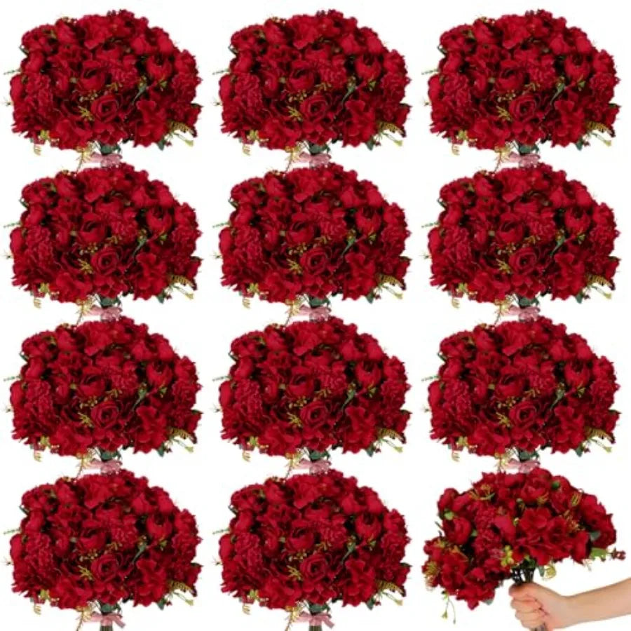 12 Bundles Artificial Roses Bouquets Silk Flowers for Wedding Decor