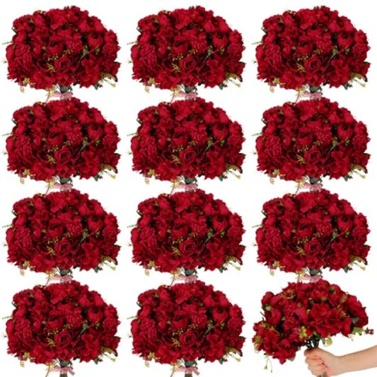 12 Bundles Artificial Roses Bouquets Silk Flowers for Wedding Decor