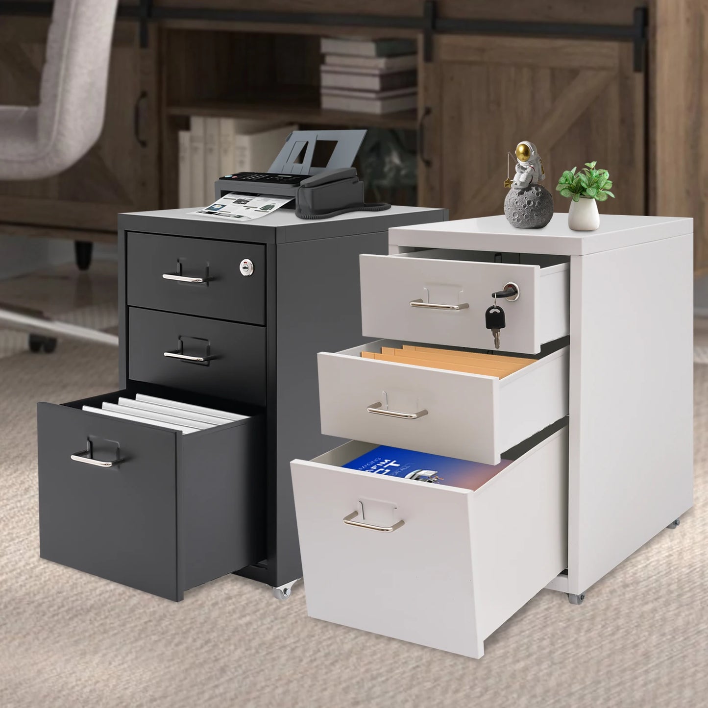 Bymaocar 3-Tier Vertical Cold-Rolled Steel Mobile File Cabinet With Lock