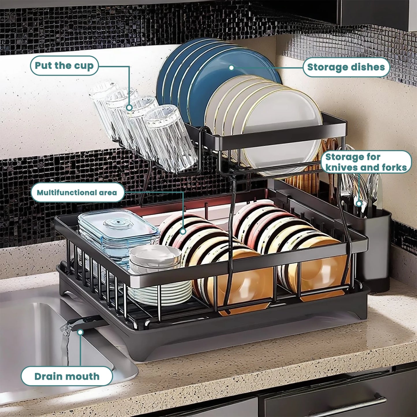 Two Tier Dish Drying Rack For Kitchen Countertops Removable Large Capacity